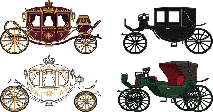Vintage royal carriages collection vector illustration with luxury fairytale coach black cabriolet royal brougham and open coach isolated on white background
