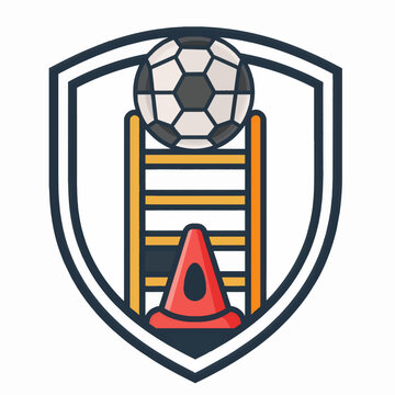 Soccer training academy emblem with ball ladder and agility cone