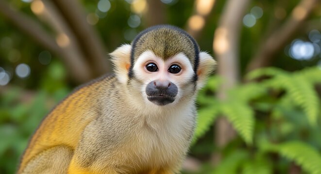 Curious Squirrel Monkey Looking Forward in Lush Green Forest