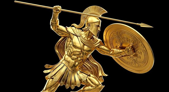 Golden Ancient Warrior Holding Spear and Shield on Black Background