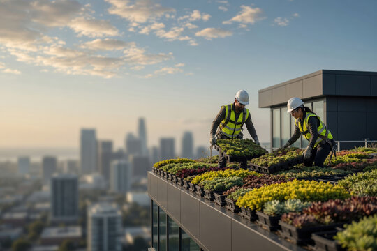 Green roof urban gardening rooftop garden city skyline sustainable architecture solar light landscape worker safety helmet reflective vest environmental design Extreme weather adaptation concept