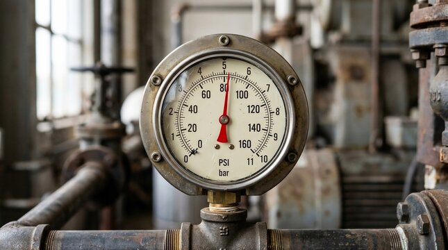 Close up of an old industrial pressure gauge in a factory.