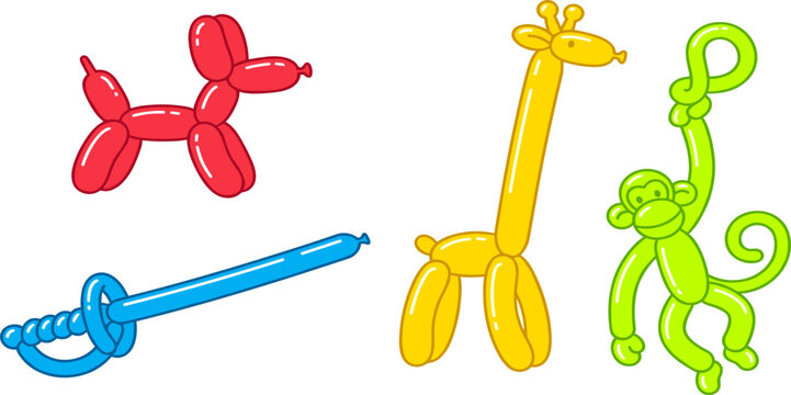 Twisted balloon animals vector illustration featuring red balloon dog yellow giraffe hanging green monkey and blue sword isolated on a white background