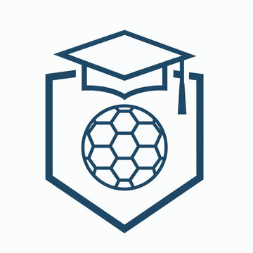 Graduation cap with soccer ball inside shield emblem