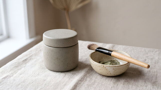 Applying clay mask with a wooden brush from a ceramic jar and bowl in a minimalist spa setting