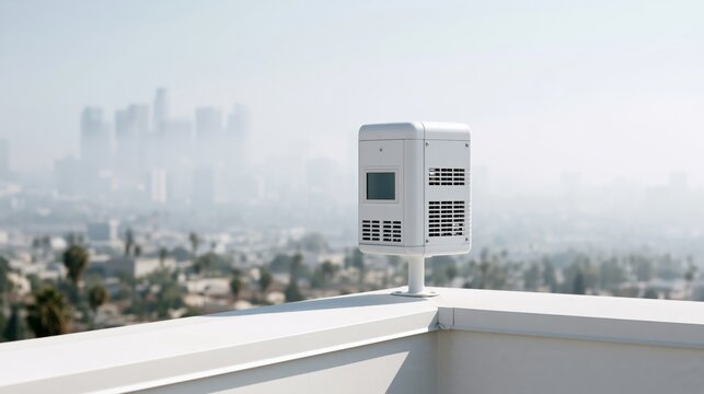 White environmental sensor monitoring air quality over hazy city skyline