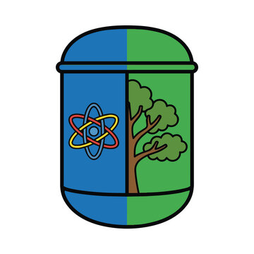 Vector illustration of a split icon with an atom and a tree, representing science and nature