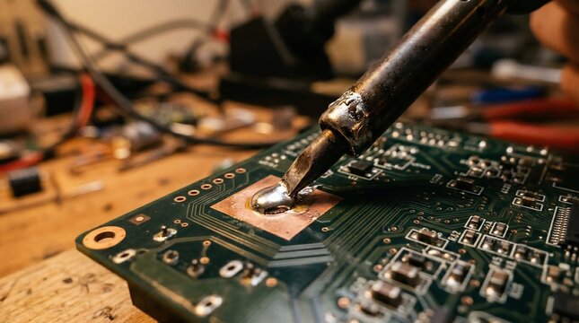 Close up of soldering electronic circuit board component.