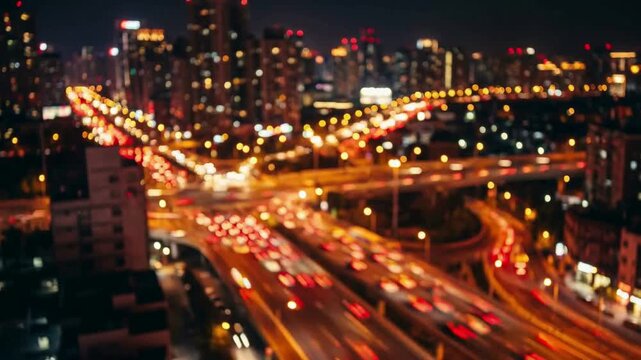 Busy city highway intersection at night with traffic lights