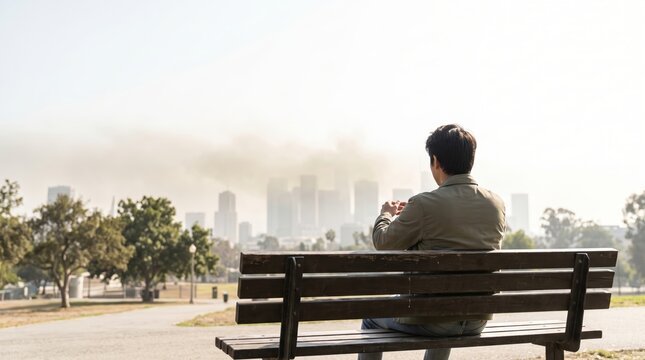 Man sitting on park bench looking at smoggy city skyline
