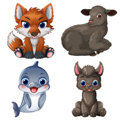 Fototapeta premium Cute Cartoon Baby Animal Set with Fox Lamb Dolphin and Alpaca