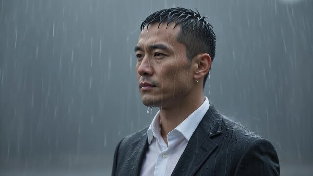 Serious Asian Businessman Standing in Heavy Rain, Wet Suit and Dripping Hair, Close-up Portrait