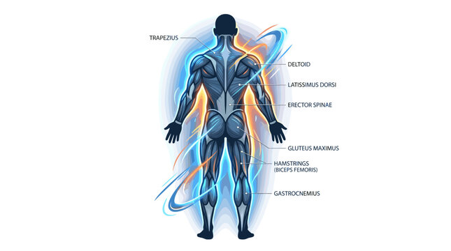 Human posterior muscular system anatomy with labels and energy glow