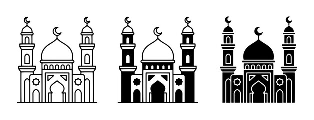 Fototapeta premium Islamic mosque icon set, 3 vector mosque building silhouettes, religious masjid symbols