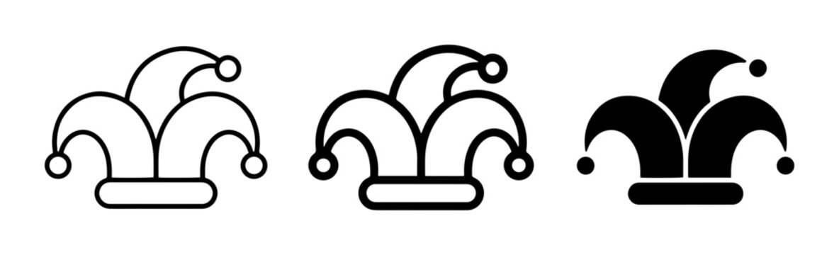 Jester hat icon set, black clown cap vector symbols, carnival fool hat illustrations