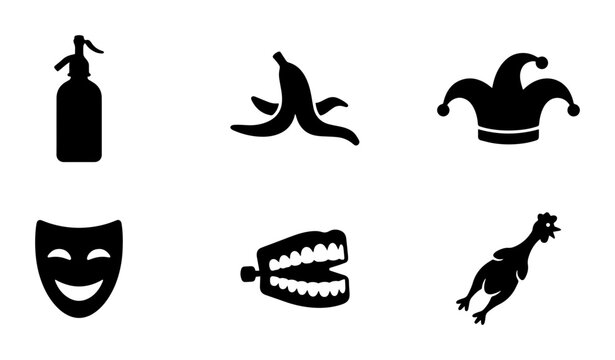 Comedy and prank icons set, black humor vector symbols, 6 funny joke elements for entertainment