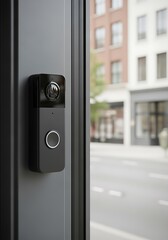 Naklejka premium Black Smart Doorbell with Camera Installed on Entrance Door for Security