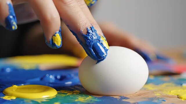Colorful hand art creation. Closeup of hands painting decorated Easter egg with bright colors. Detailed scene of person customizing festive Easter egg with vivid acrylic paints