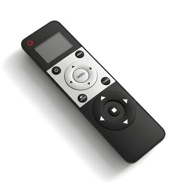 Modern black remote control with directional pad and menu button isolated on white background
