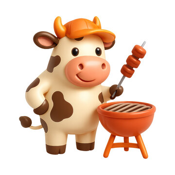 PNG Cartoon cow grilling skewers