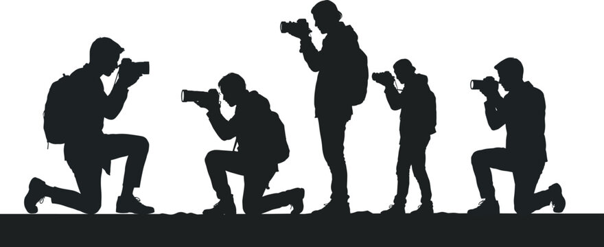 Black silhouettes of professional photographers taking photos with digital cameras isolated on white background vector illustration