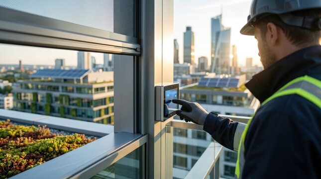 Construction worker operating smart building window control panel with city skyline and solar panels visible through glass in golden hour sunlight