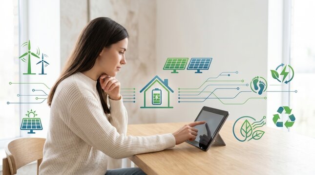 Woman using tablet for smart home energy management, renewable power icons floating, sustainable living concept, eco-friendly technology interface, green energy monitoring syste...