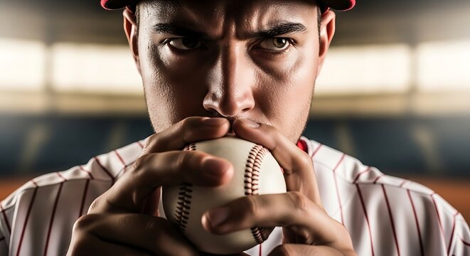 Intense Young Baseball Player Holding Ball on Stadium Field