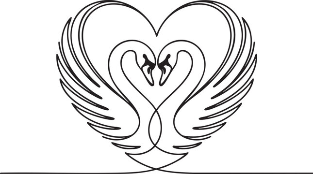 Two swans forming a heart shape, continuous line love