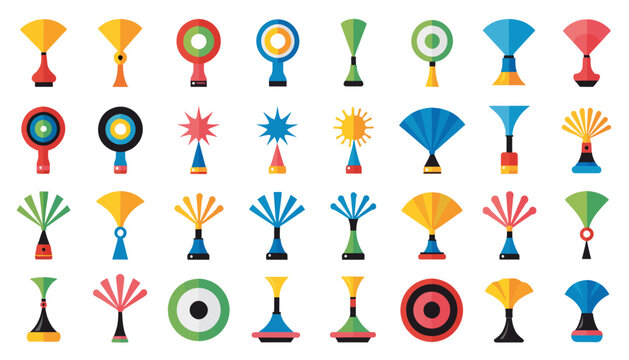 A vibrant collection of 40 abstract, colorful shapes resembling flowers, decorative items, and designs arranged in six rows on a white surface.