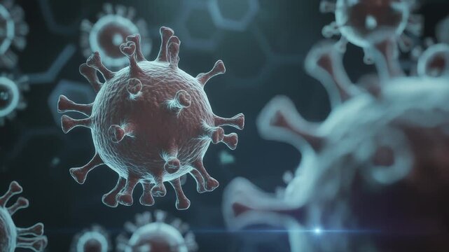 Virus infection pathogen microbiology particle outbreak, blue medical background, floating microscopic 3D render, subtle rotation
