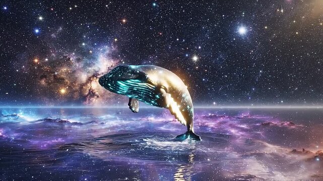 Majestic whale breaching into a cosmic galaxy starry sky