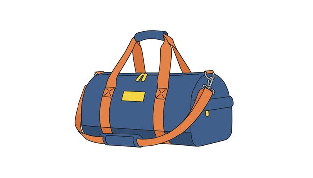 Blue travel duffle bag with orange straps and shoulder belt presented on a white background in clean cartoon style.