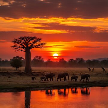 Silhouetted African Wildlife Gathering at Waterhole During Vibrant Savanna Sunset