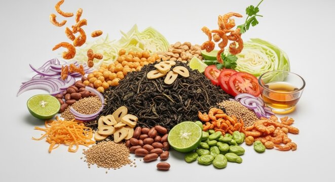 Burmese fermented tea leaf salad ingredients including lahpet peanuts beans fried garlic lime tomatoes cabbage and dried shrimps