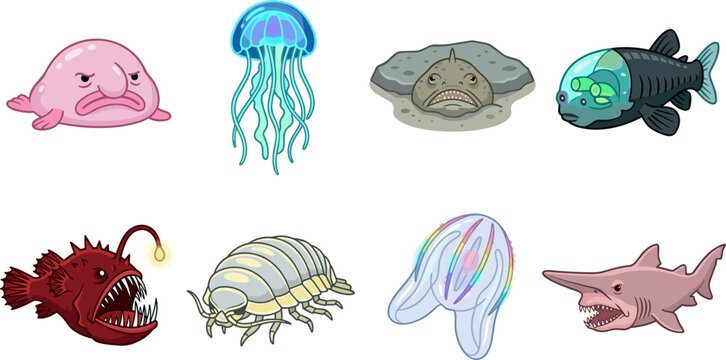 Deep sea creatures collection vector illustration featuring blobfish jellyfish stargazer barreleye fish anglerfish giant isopod comb jelly and goblin shark on white background