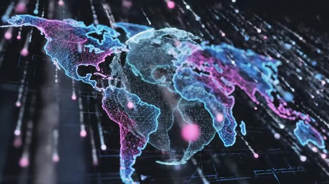 Futuristic Digital Earth Globe with World Map Overlay in Blue and Pink Colors Representing Data Streams
