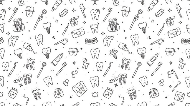 Dentist pattern presents a detailed array of dental instruments and oral hygiene essentials.