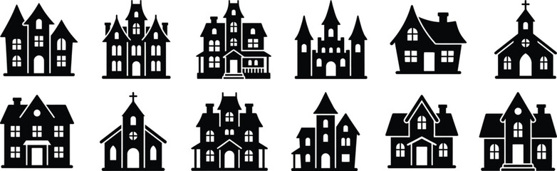 Fototapeta premium Halloween Haunted Mansion Silhouette Collection with Gothic Houses and Creepy Architecture Vector Bundle Isolated on Transparent background