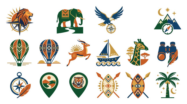 Set of adventure and travel icons with animals and exploration gear.