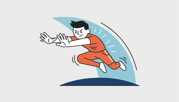Young man in red sportswear jumping energetically forward with outstretched hands in comic style illustration.