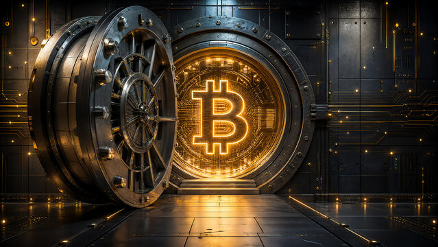A futuristic vault featuring a glowing Bitcoin symbol, symbolizing digital currency security and advancement in finance.