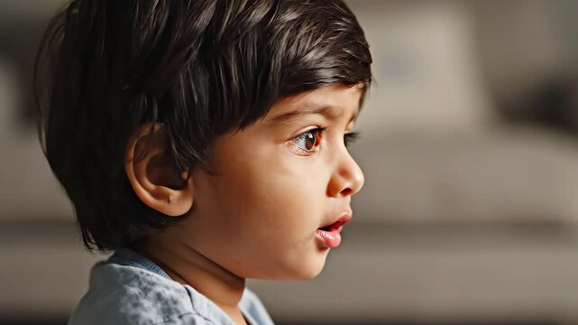 Thoughtful youth viewing carefully indoors. Contemplative young boy focused quietly inside. An introspective boy with pensive demeanor watching attentively from side indoors