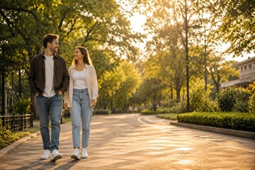 Obraz premium Happy young couple walking together in park at sunset enjoying time together