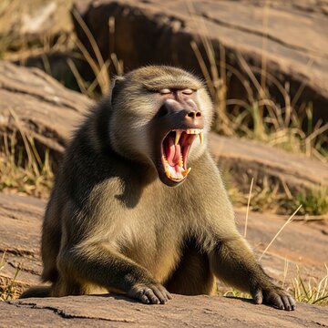 Yawning Wild Baboon Sitting on Sunlit Rock in Dry Grassland