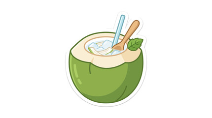 Refreshing Coconut Drink with Straw and Spoon, Tropical Beverage Illustration © Coconut