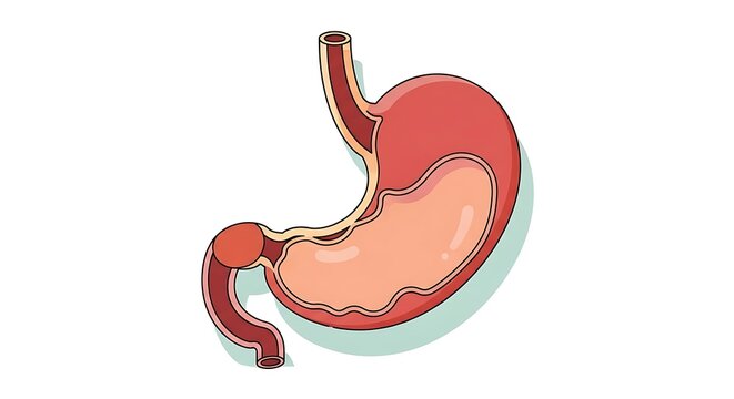 Red human stomach anatomical illustration diagram.