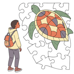 A young student with a backpack looking at a large sea turtle puzzle being assembled on a plain white background, in a flat