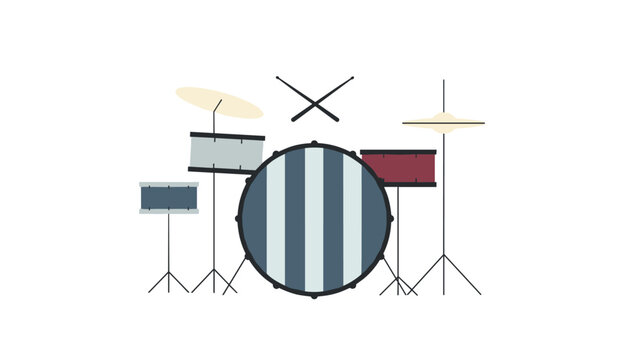 Complete drum kit instrument with cymbals and drumsticks arranged neatly for musical performance on a white background.