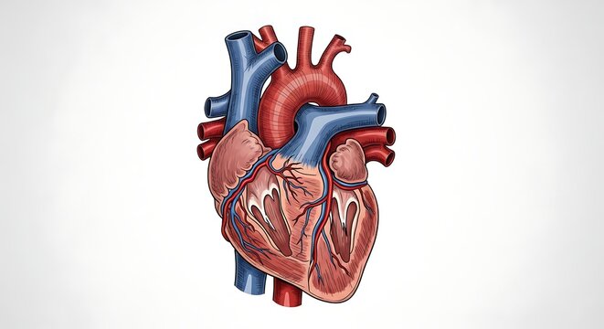Digital 3D rendering of a human heart with blood vessels.